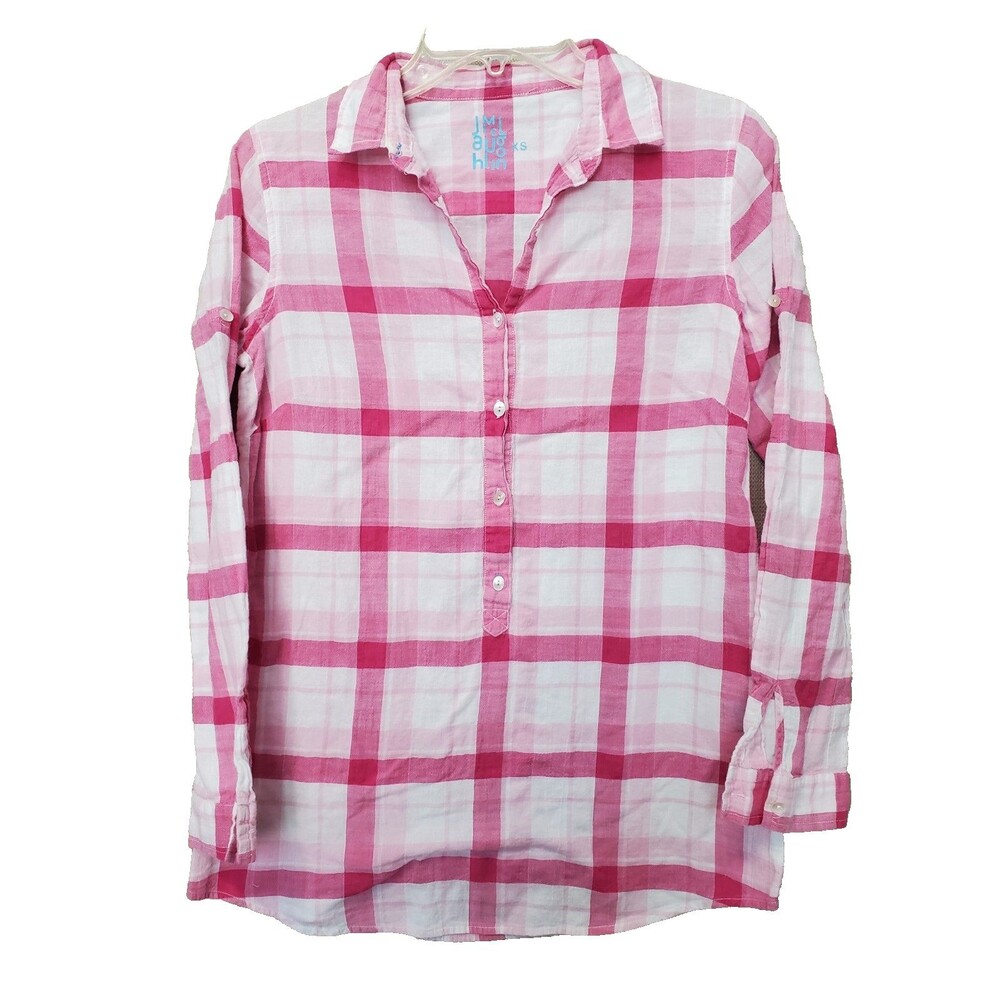 J McLaughlin Pink Plaid Cotton Blend Henley Neck Roll-Tab Sleeve Popover Size XS